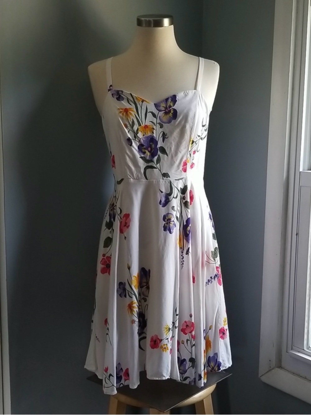 Old Navy White Floral Midi Dress with Purple, Yellow & Pink Flowers